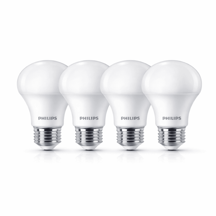 Four white Philips LED bulbs with rounded diffusers and screw bases