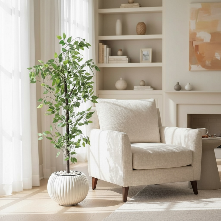 Benjamina Tree in Ribbed White Pot