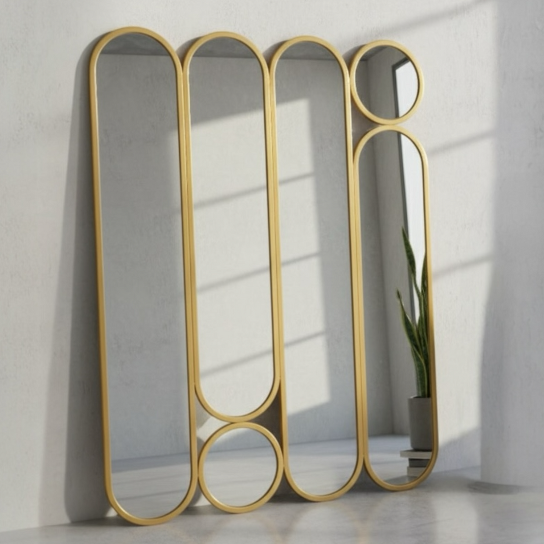 Artistic gold-frame mirror with oval and circular interconnected shapes