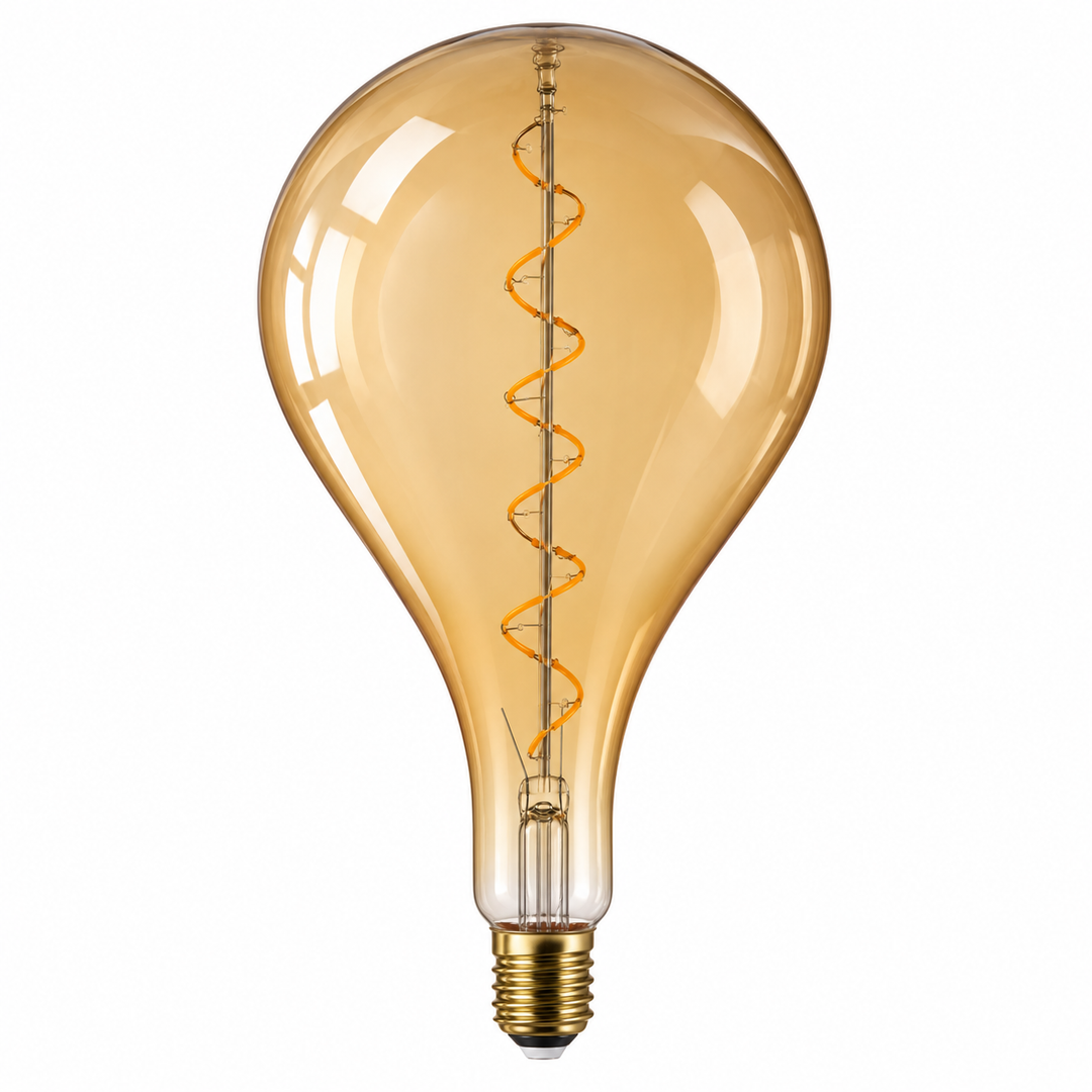 Large amber glass globe bulb with a visible spiral filament and gold-tone screw base