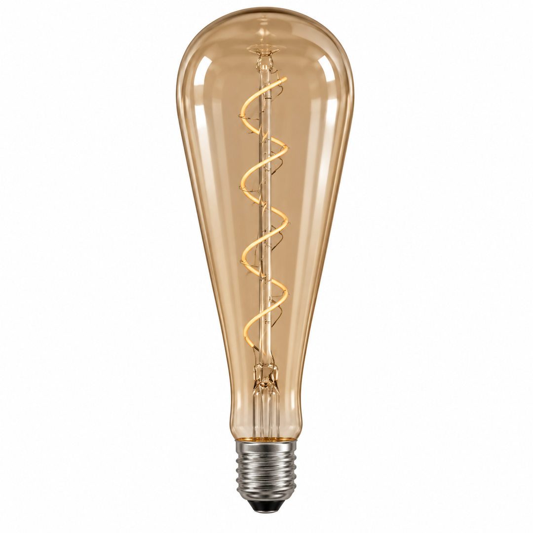 Elongated amber glass bulb with a visible spiral filament and metal screw base