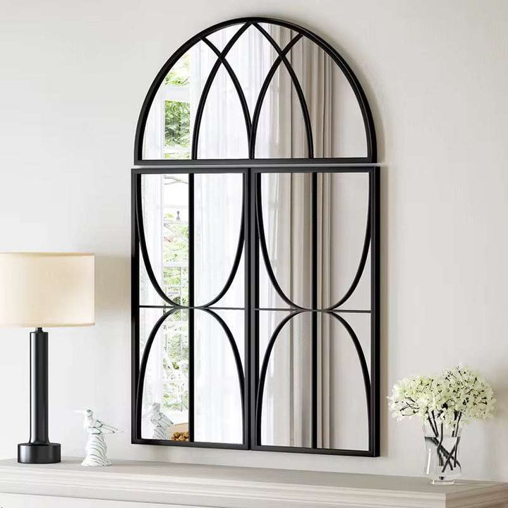 Window panel wall mirror set with black metal frame and multi-panel design creating architectural window effect