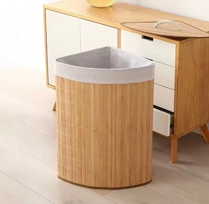 Scandinavian Bamboo Corner Laundry Hamper with Fabric Liner