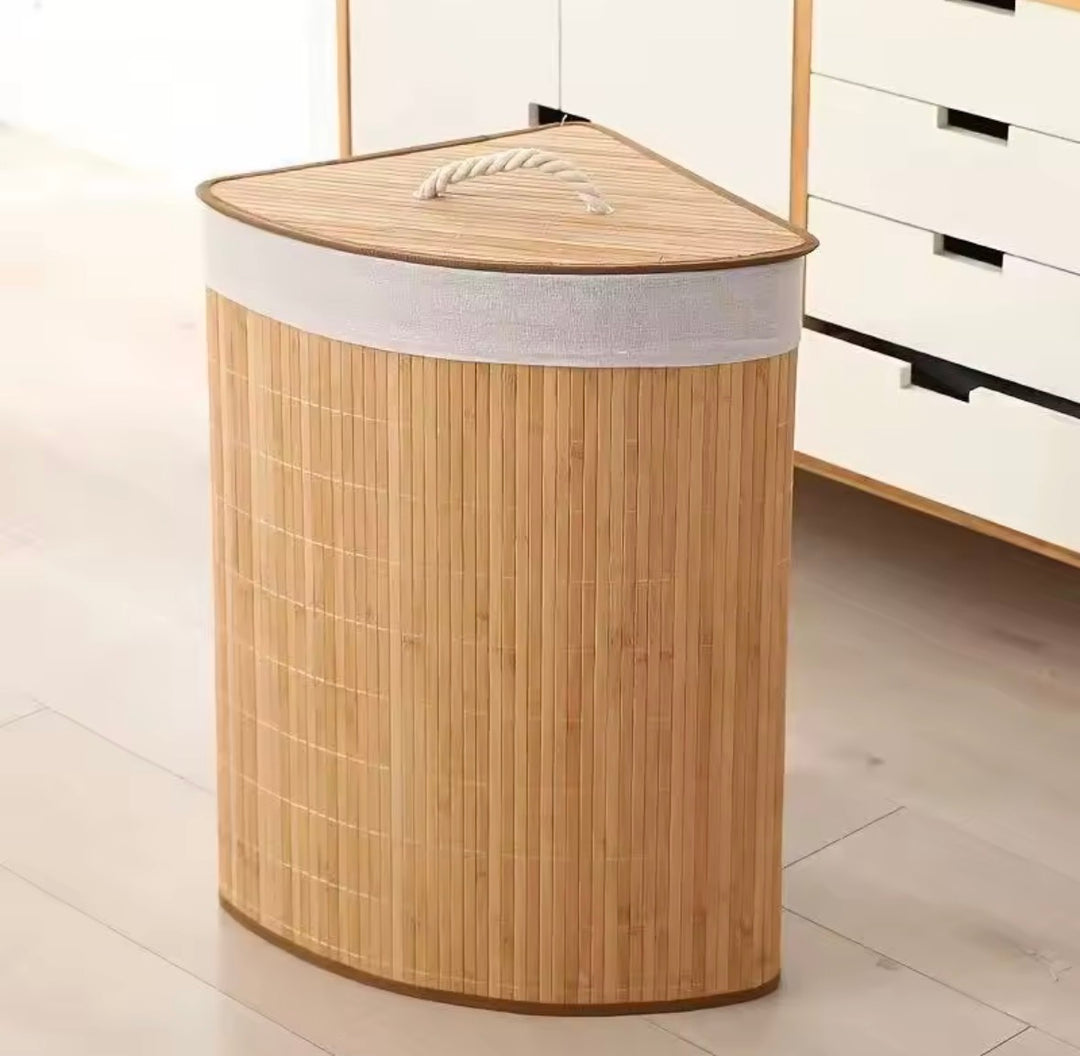 Scandinavian Bamboo Corner Laundry Hamper with Fabric Liner