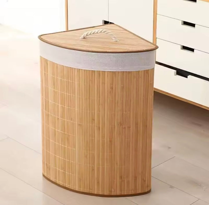 Scandinavian Bamboo Corner Laundry Hamper with Fabric Liner