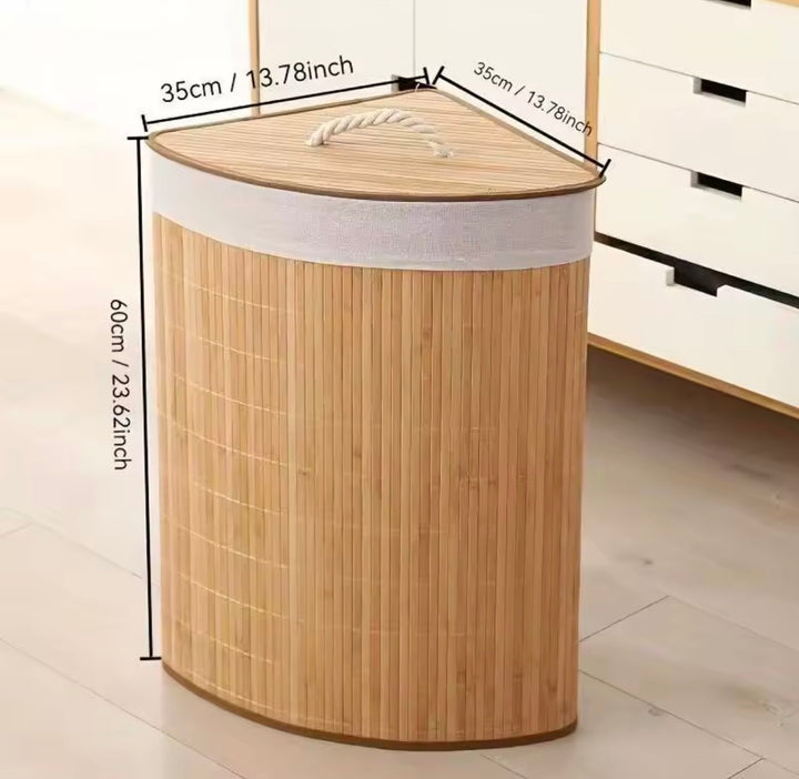 Scandinavian Bamboo Corner Laundry Hamper with Fabric Liner