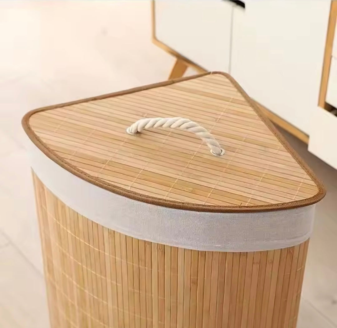 Scandinavian Bamboo Corner Laundry Hamper with Fabric Liner