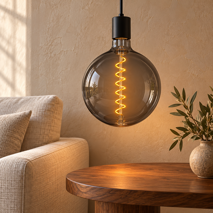 Smoked amber glass globe pendant with a glowing spiral filament above a wooden table