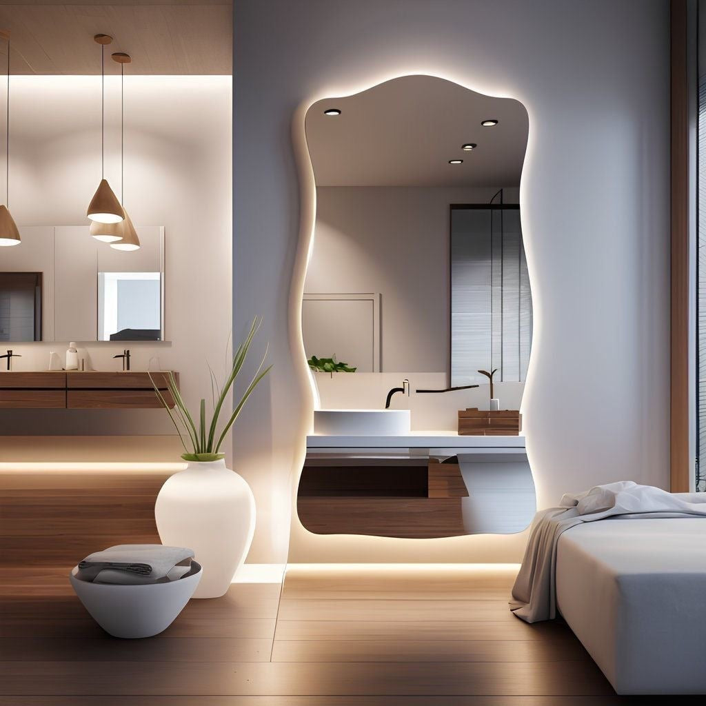 Modern bathroom with a large mirror, wooden floor, and decorative elements.