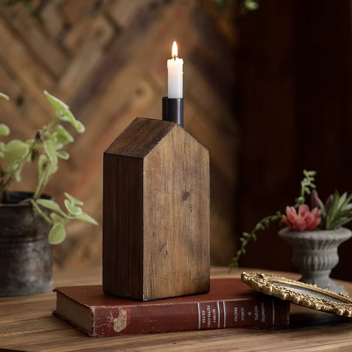 Rustic Wooden House Candle Holder