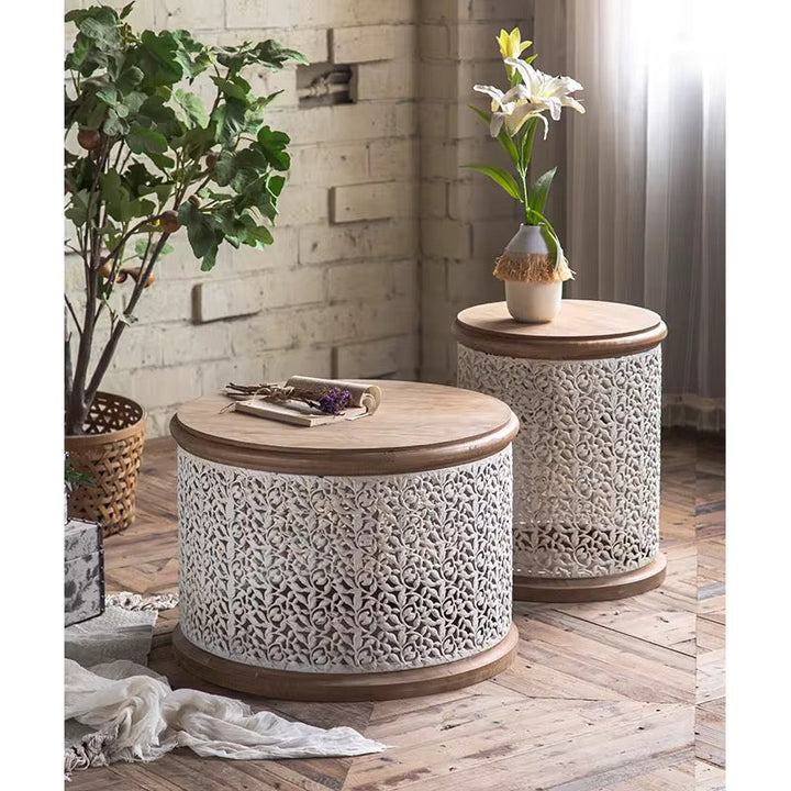 Carved Drum Coffee Tables