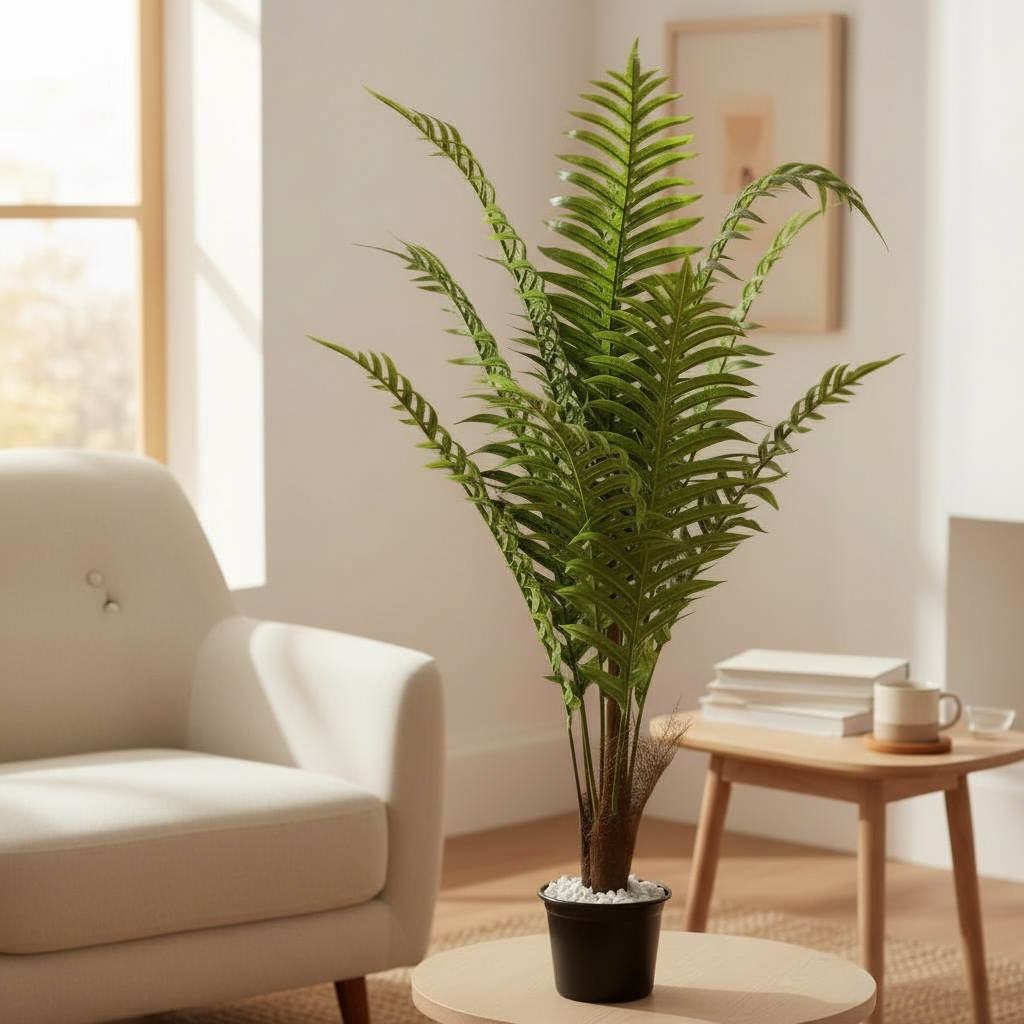 Mini artificial fern plant in a black pot placed on a wooden table in a modern living room
