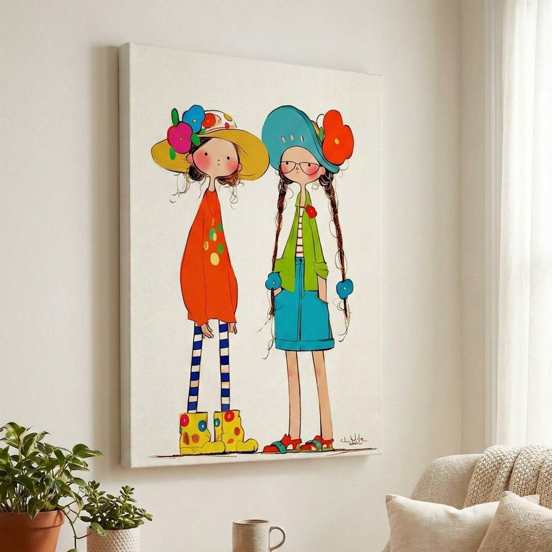 Whimsical Girls Art Canvas featuring two playful girls in vibrant outfits and hats on premium, water-resistant canvas with MDF frame and glass front.