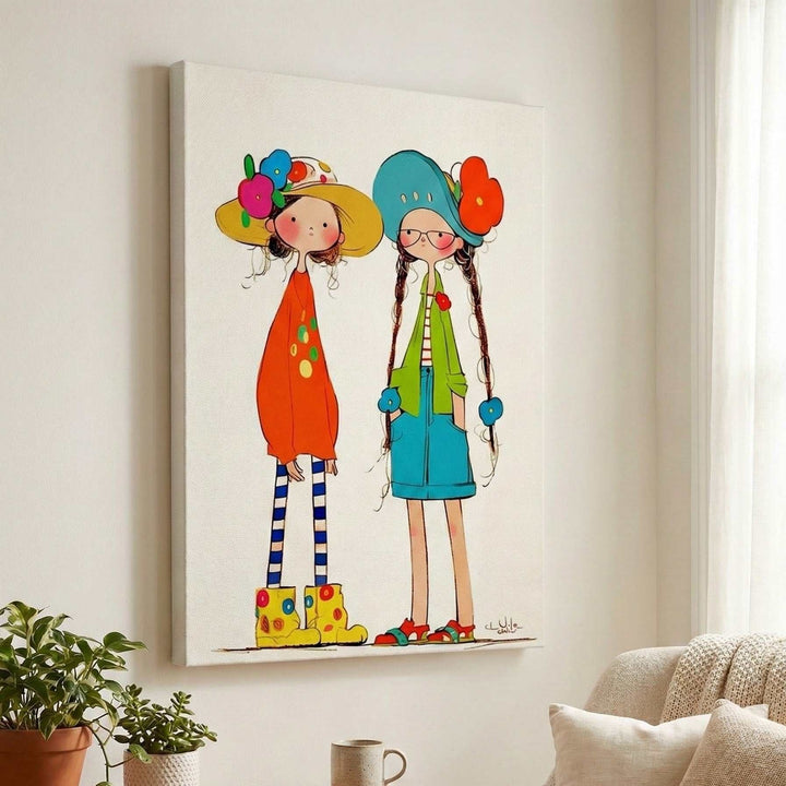 Whimsical Girls Art Canvas featuring two playful girls in vibrant outfits and hats on premium, water-resistant canvas with MDF frame and glass front.