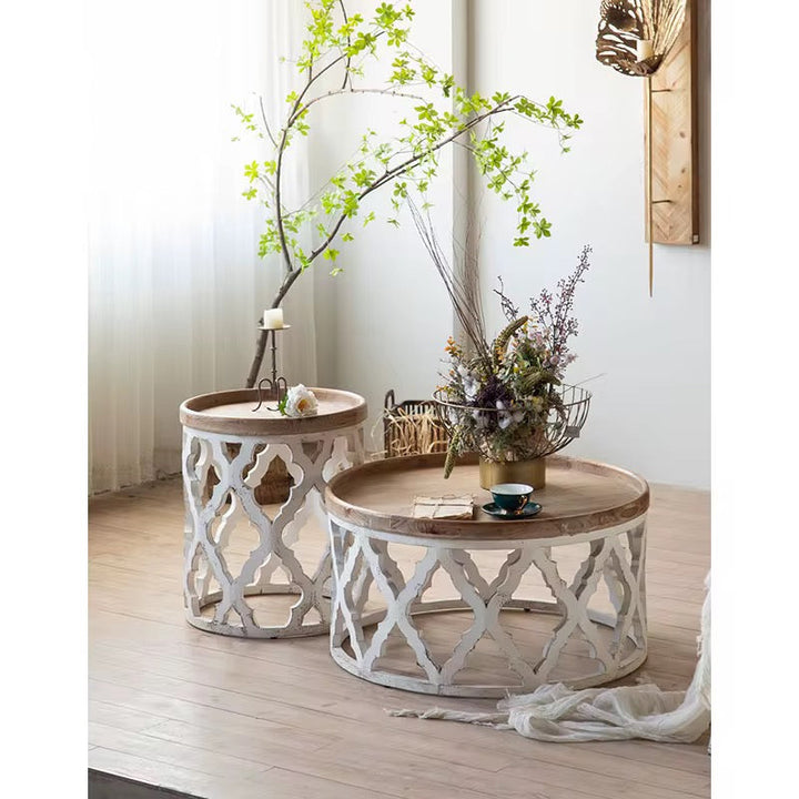 Rustic Carved Metal Coffee Table Set
