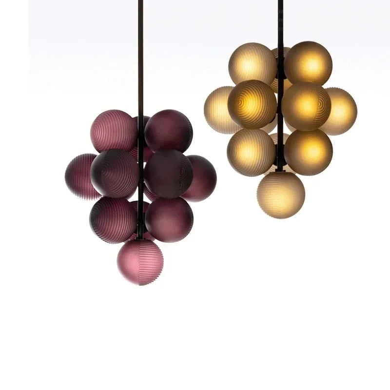 Cluster pendant lights with clustered ribbed globe shades in gold and burgundy