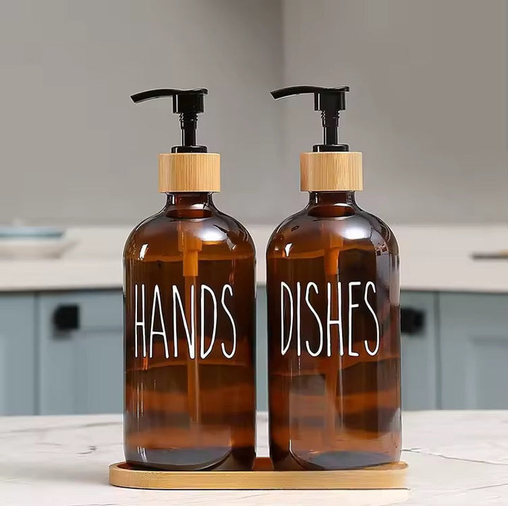 Amber Glass Soap Dispenser Set Hands & Dishes