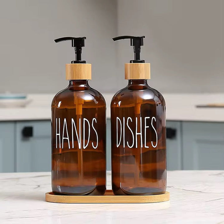 Amber Glass Soap Dispenser Set Hands & Dishes