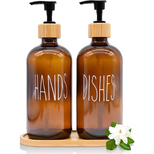 Amber Glass Soap Dispenser Set Hands & Dishes