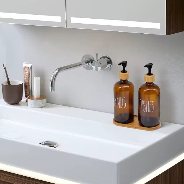 Amber Glass Soap Dispenser Set Hands & Dishes