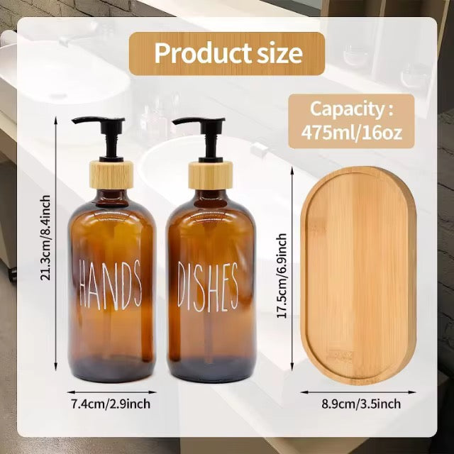 Amber Glass Soap Dispenser Set Hands & Dishes