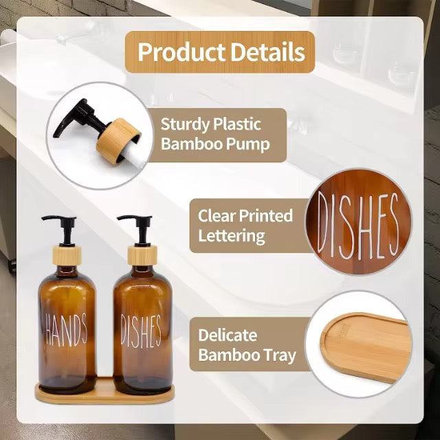 Amber Glass Soap Dispenser Set Hands & Dishes