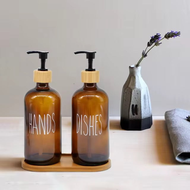 Amber Glass Soap Dispenser Set Hands & Dishes