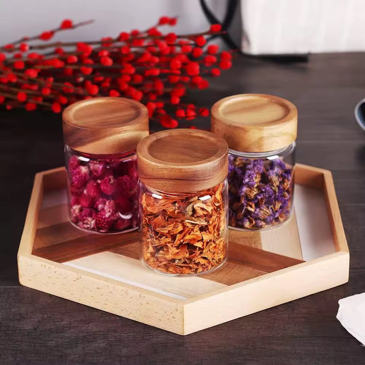 Glass Coffee Grounds Jar with Wooden Lid set of 5