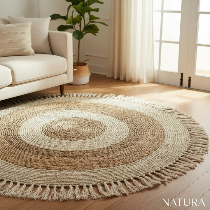 Round Natural Jute Rug with Fringe