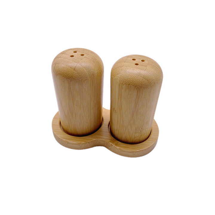 Natural bamboo salt and pepper shaker set with a matching bamboo holder.