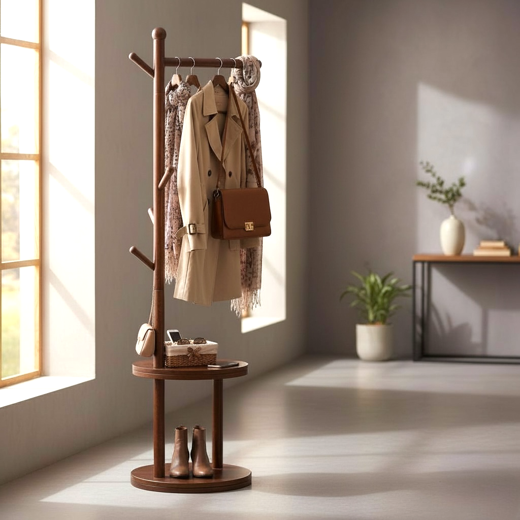 Wooden Standing Coat Rack with Shelf
