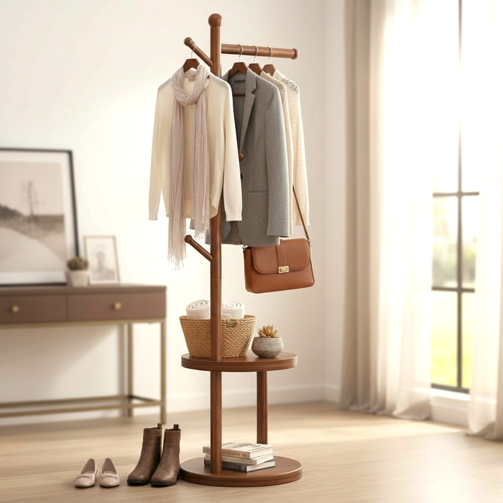 Wooden Standing Coat Rack with Shelf
