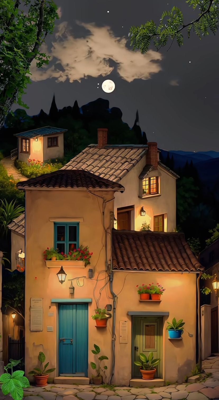 Mediterranean Night Village Canvas Art