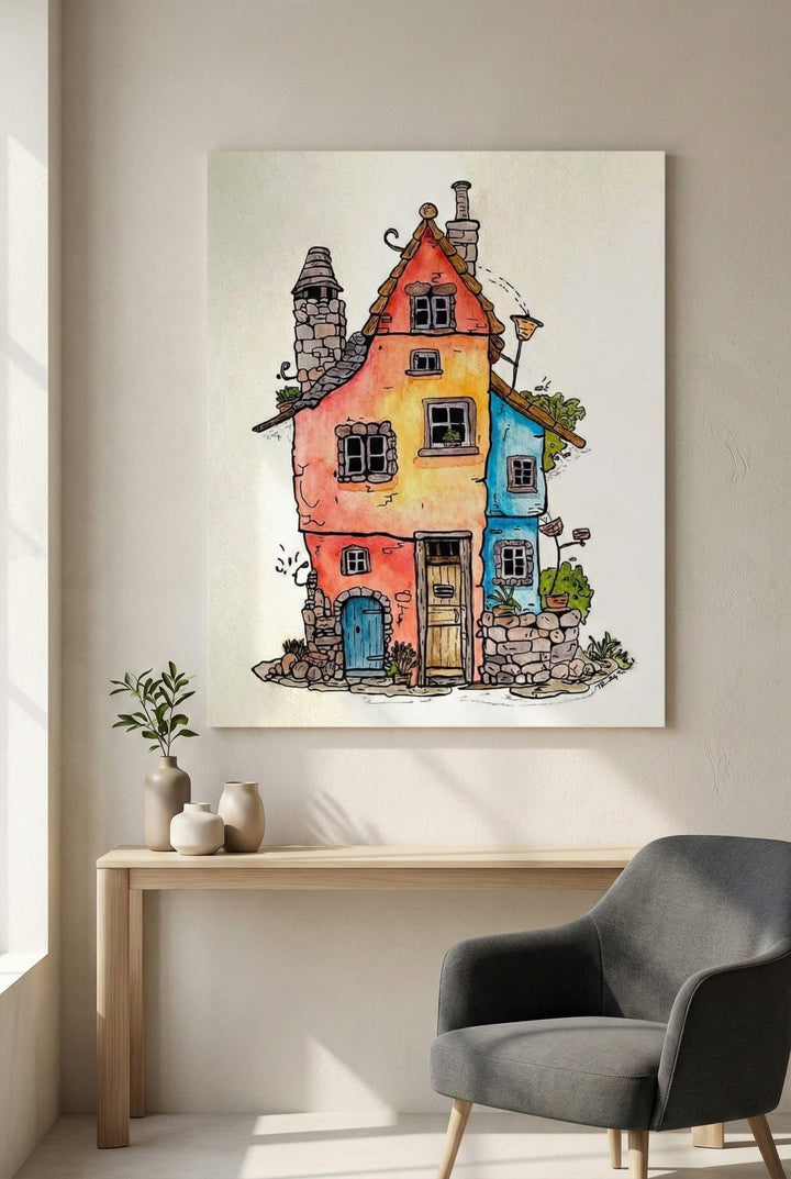 Whimsical Colorful House Canvas Art