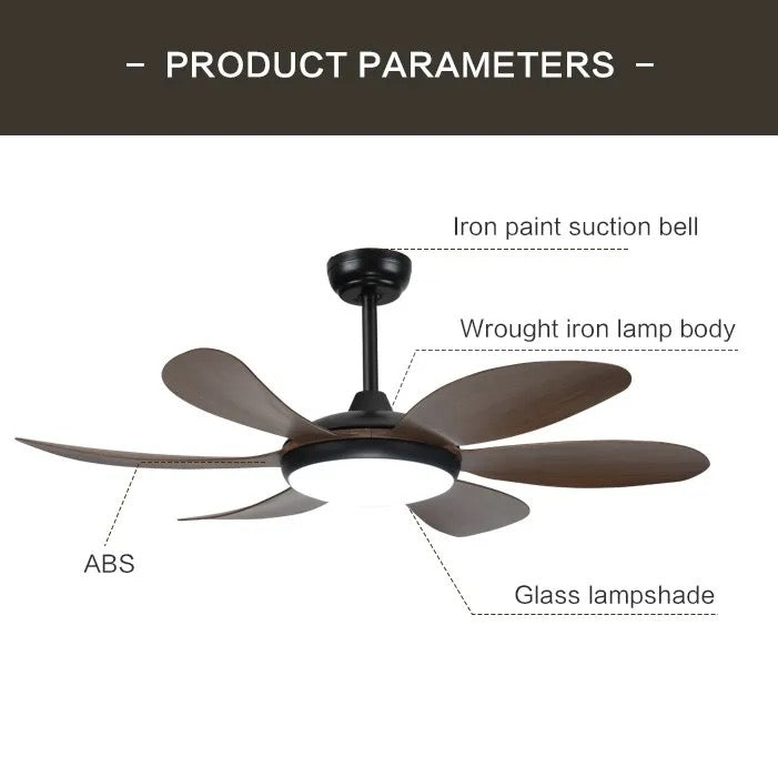 Modern 6-Blade Ceiling Fan with Integrated Light and Walnut Finish