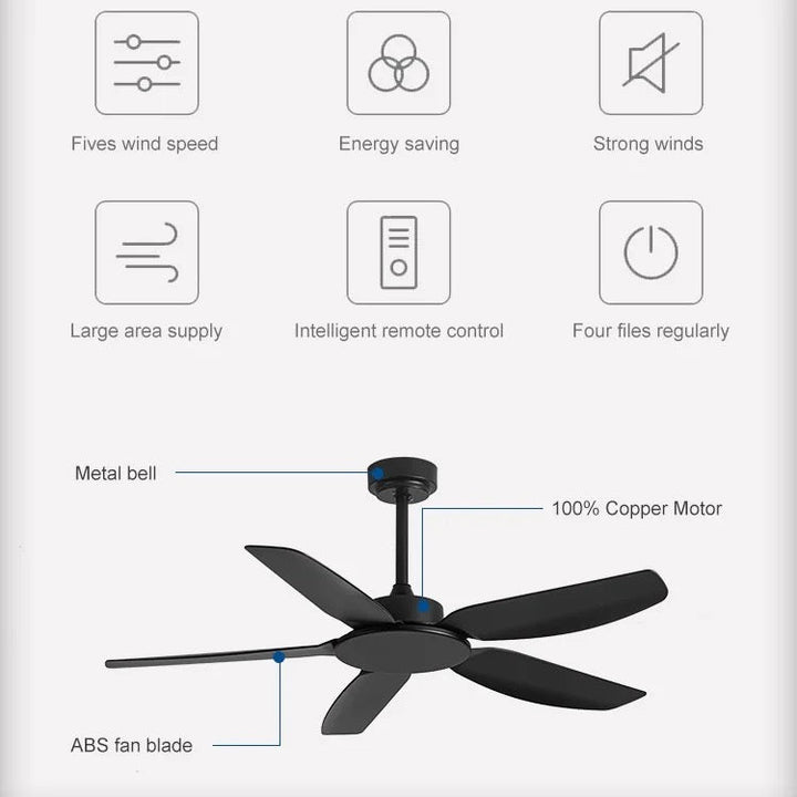 Modern Black Ceiling Fan with 5 Blades, 52-inch