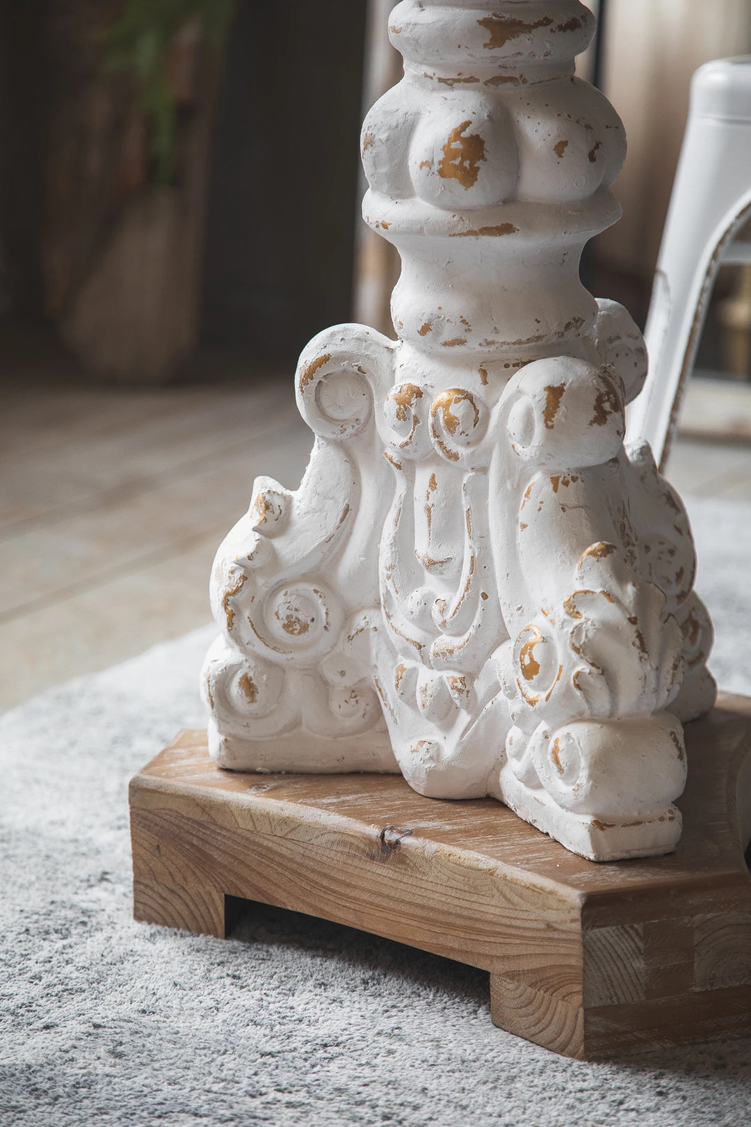 Vintage Rustic Round Accent Table with Ornate Carved Base