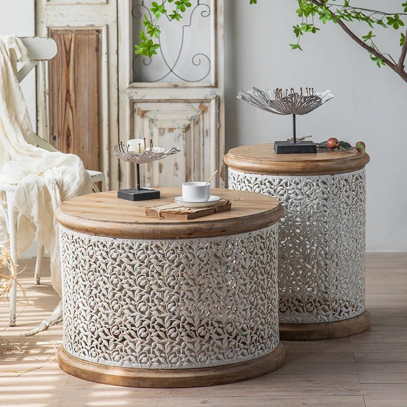 Round Carved Wooden Coffee Table with Ornate Design