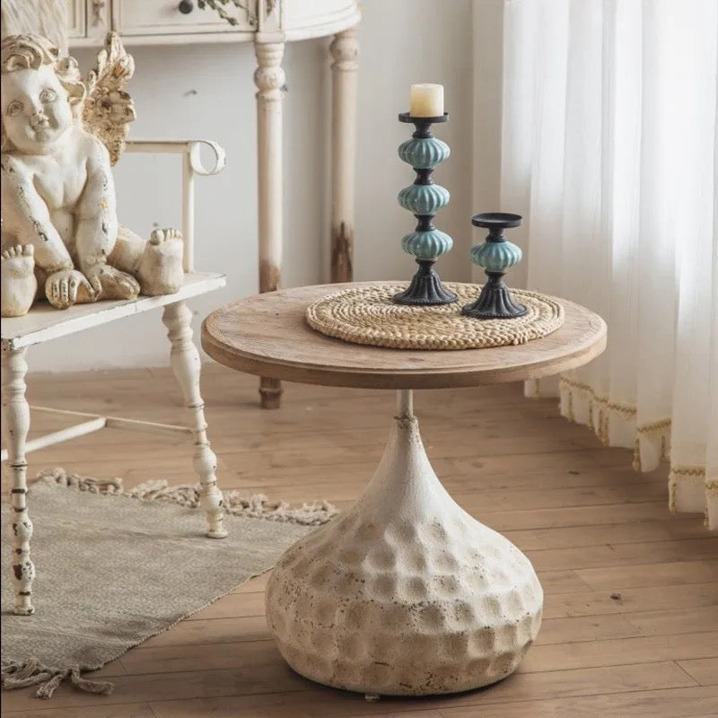 Round Rustic Side Table with Textured Base