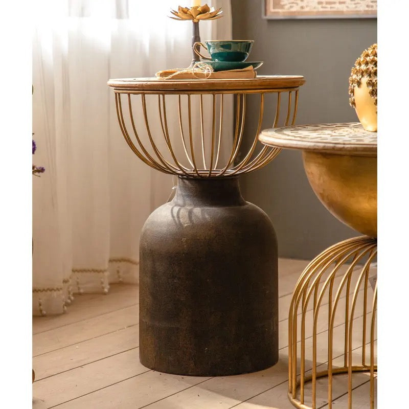 Metal Cage Accent Table with Rustic Base