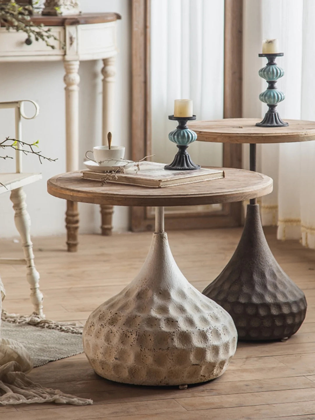 Round Rustic Side Table with Textured Base