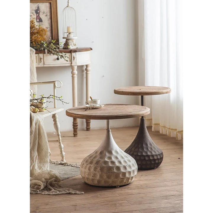 Round Rustic Side Table with Textured Base