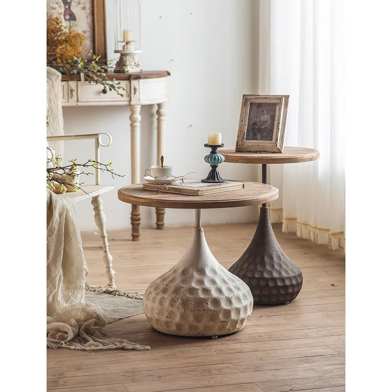 Round Rustic Side Table with Textured Base