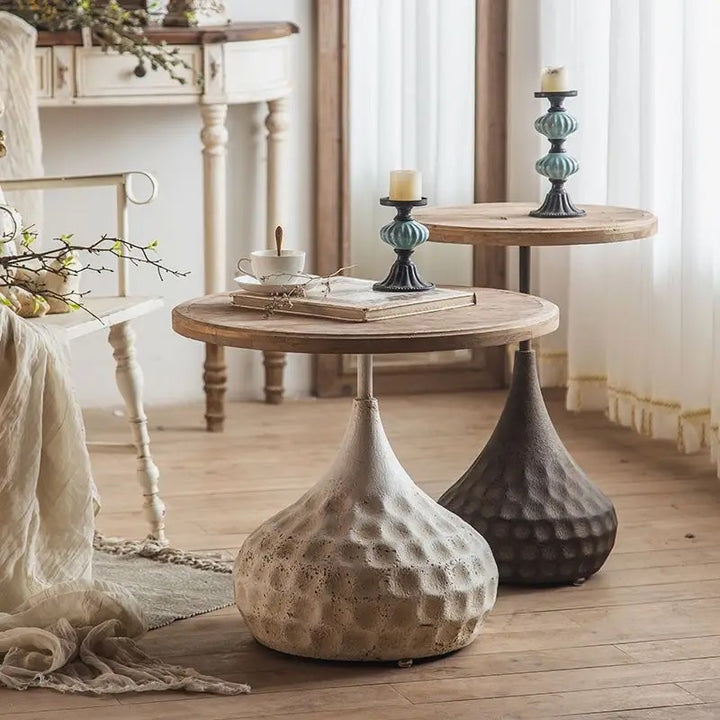 Round Rustic Side Table with Textured Base