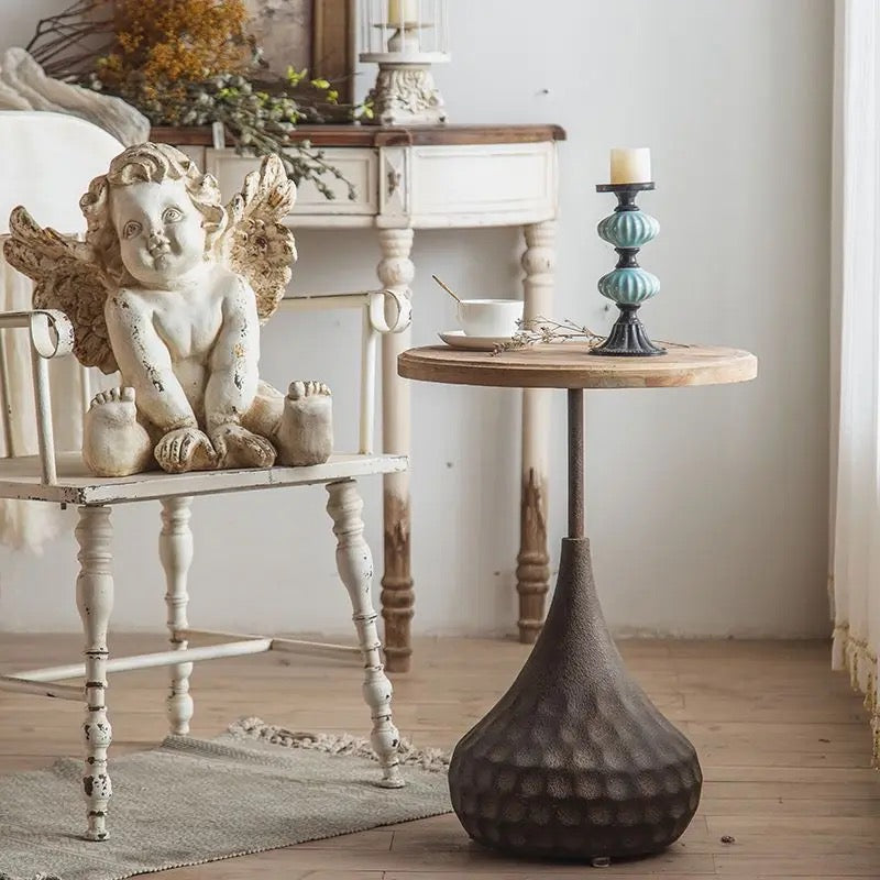 Round Side Table with Textured Dark Base