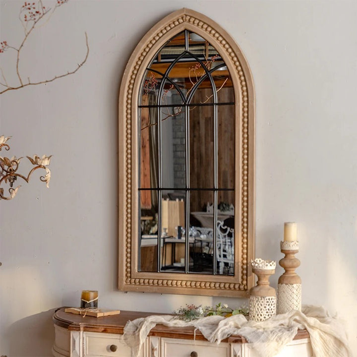 Arched Wooden Wall Mirror with Beaded Frame