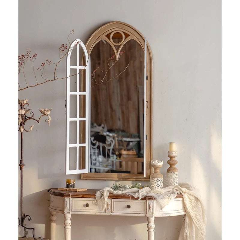 Arched Wooden Wall Mirror with Decorative Doors