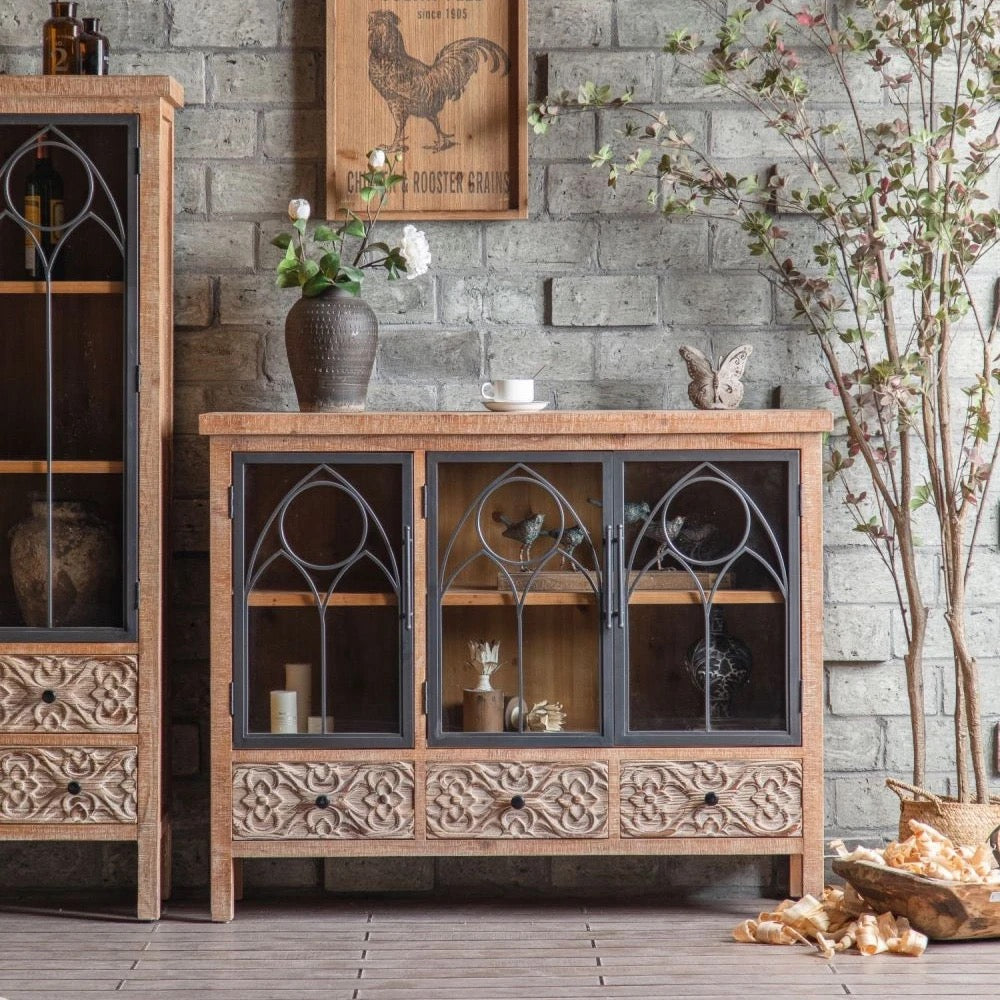 Rustic Wooden Cabinet with Glass Doors and Metal Accents