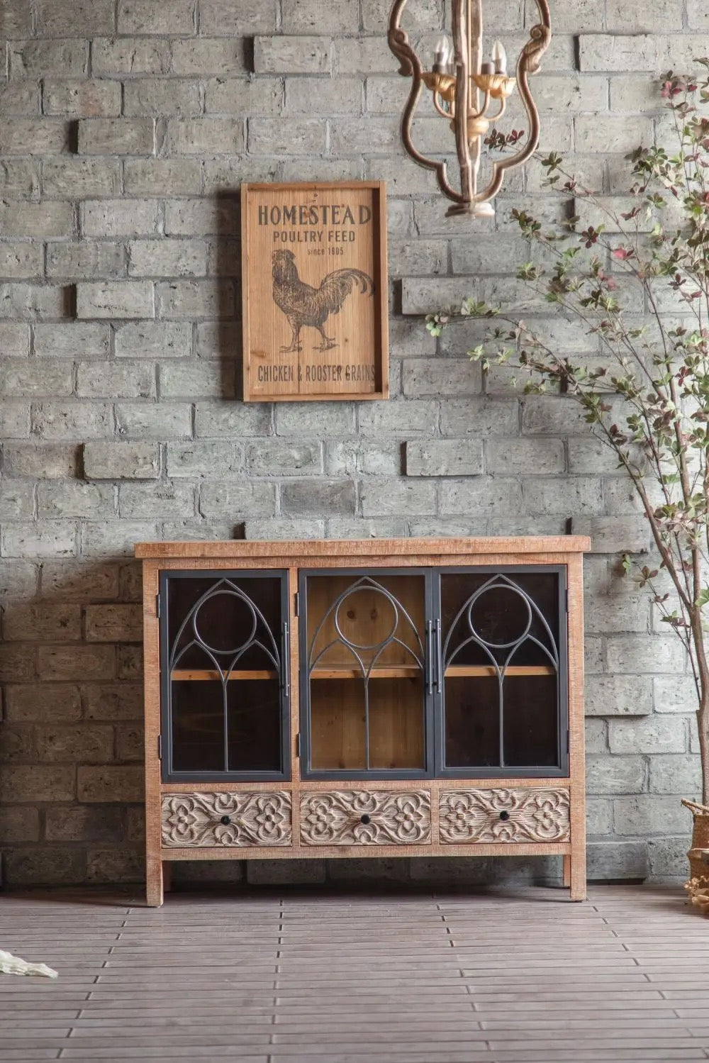 Rustic Wooden Cabinet with Glass Doors and Metal Accents