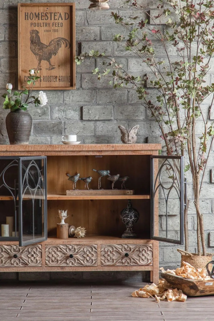 Rustic Wooden Cabinet with Glass Doors and Metal Accents